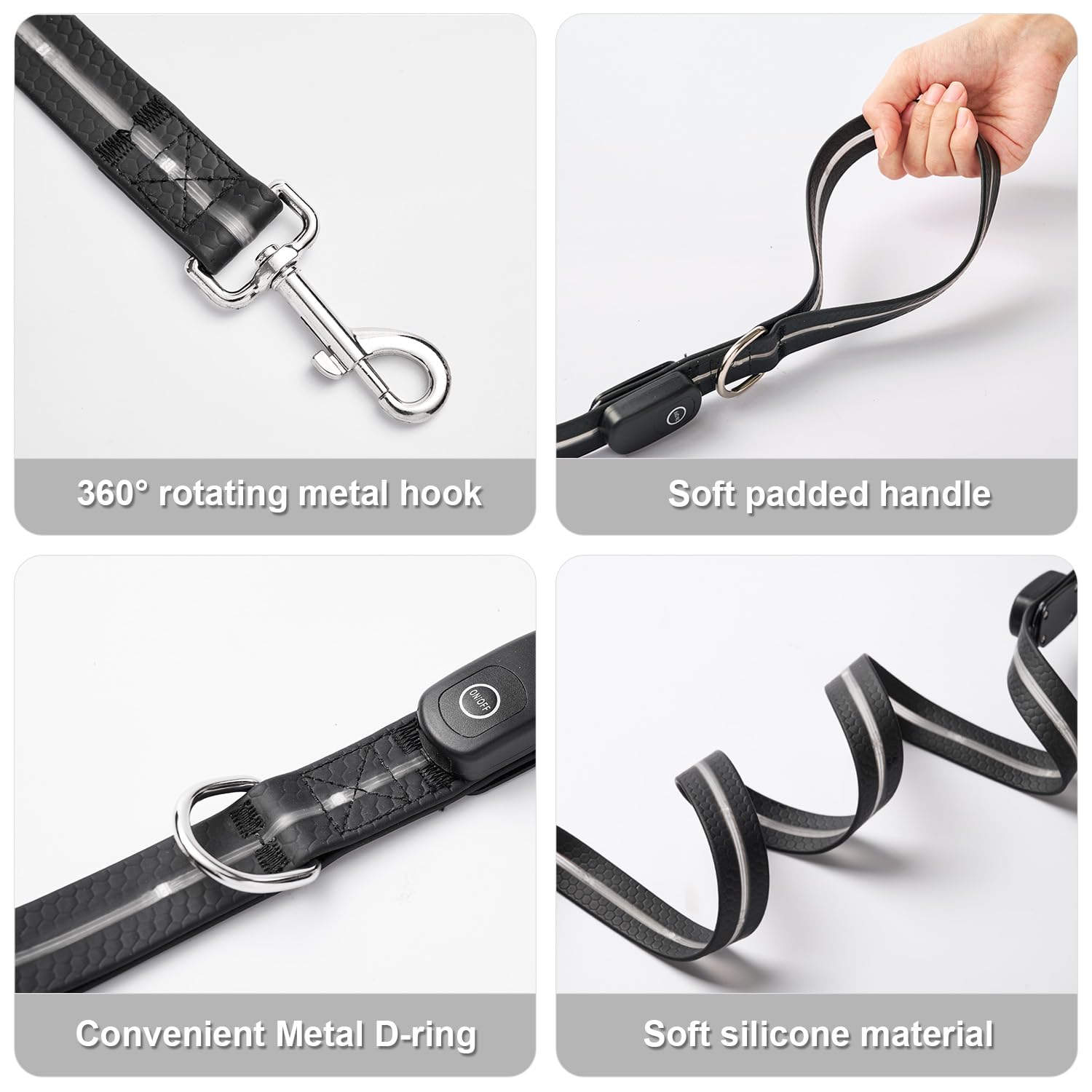 LWBMG Led Dog Leash D-ring holds a waste bag holder.