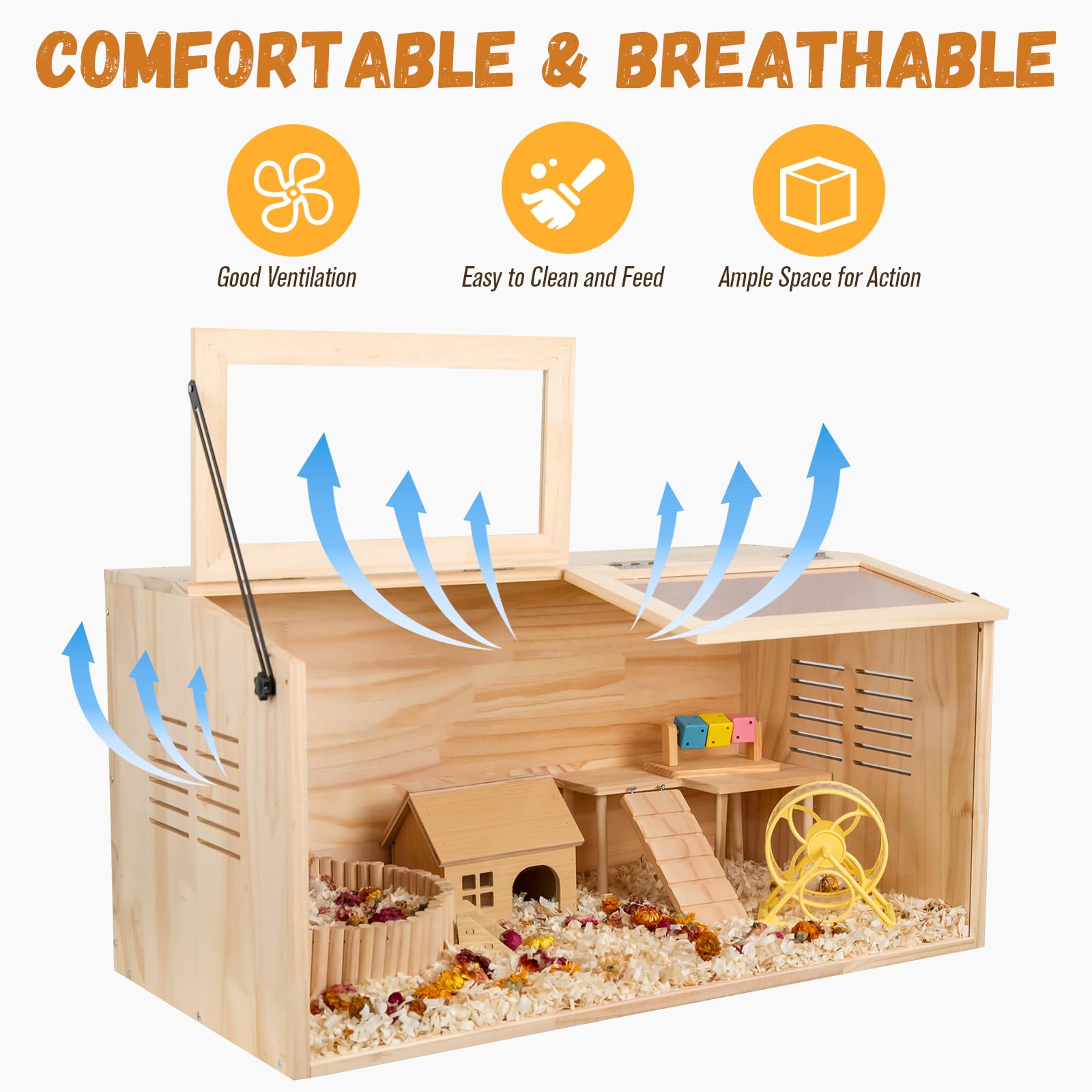 LWYMX wooden hamster cage tilting-door provides convenient access for daily care.