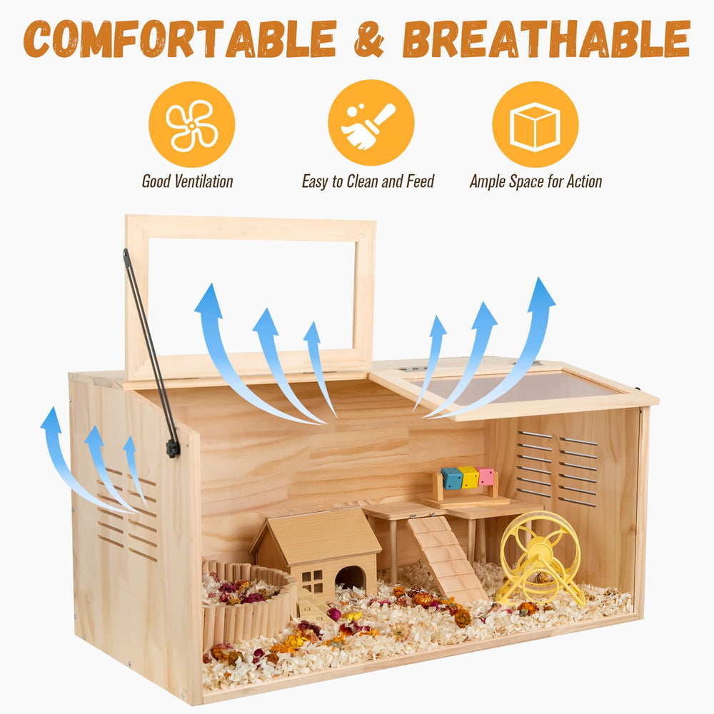 LWYMX wooden hamster cage tilting-door provides convenient access for daily care.