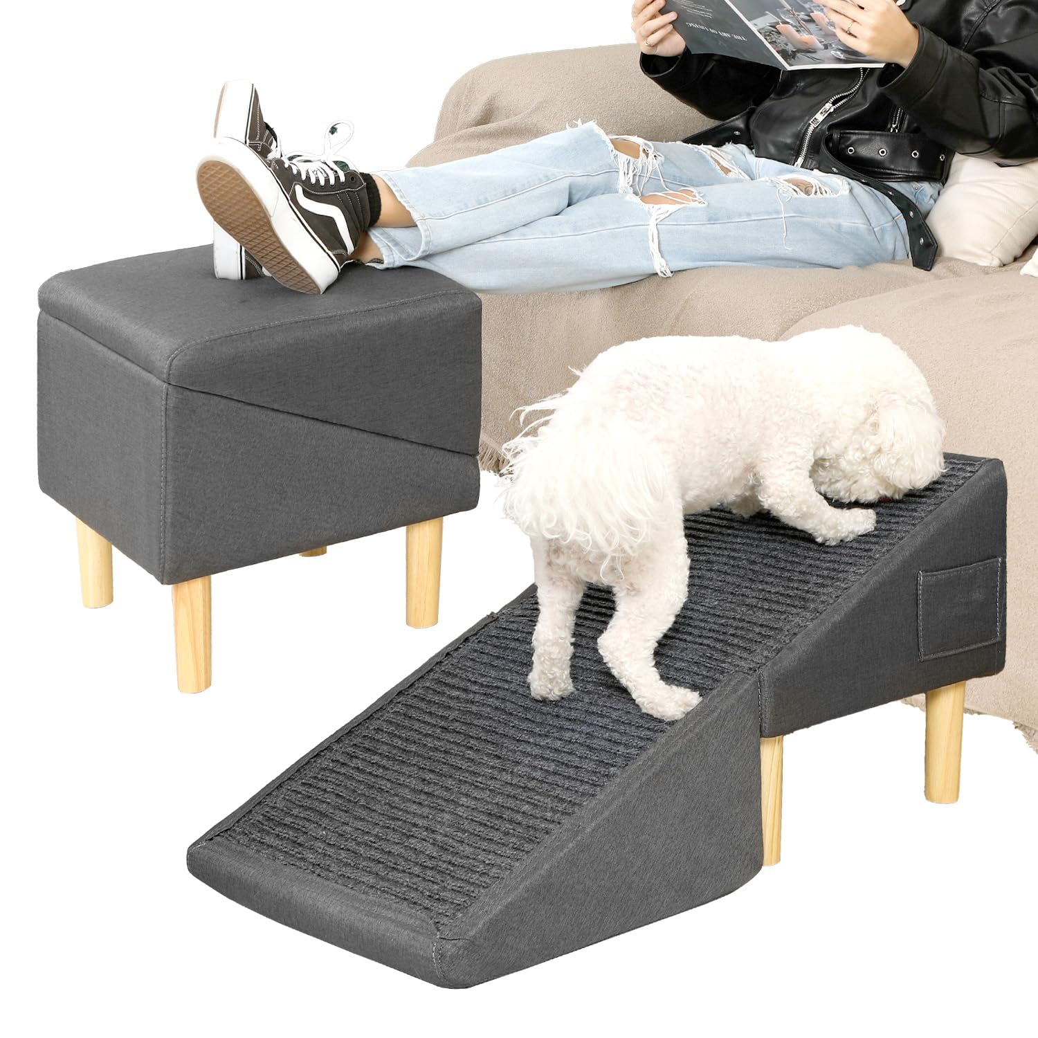 LY dog ramp couch-assembled shows solid wood frame and plush faux leather for pet comfort.