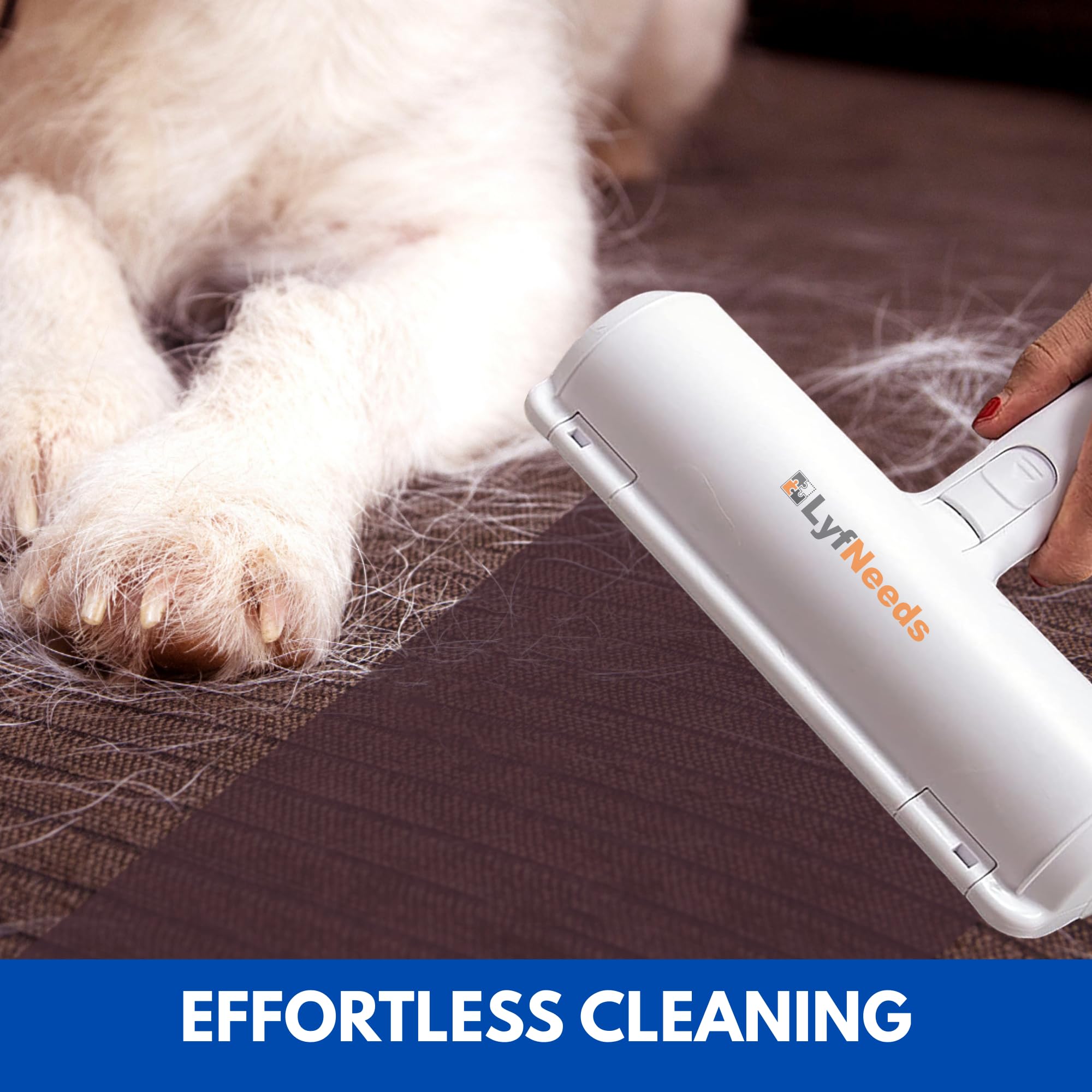 LyfNeeds reusable pet hair remover roller on couch delivering easy fur pickup.