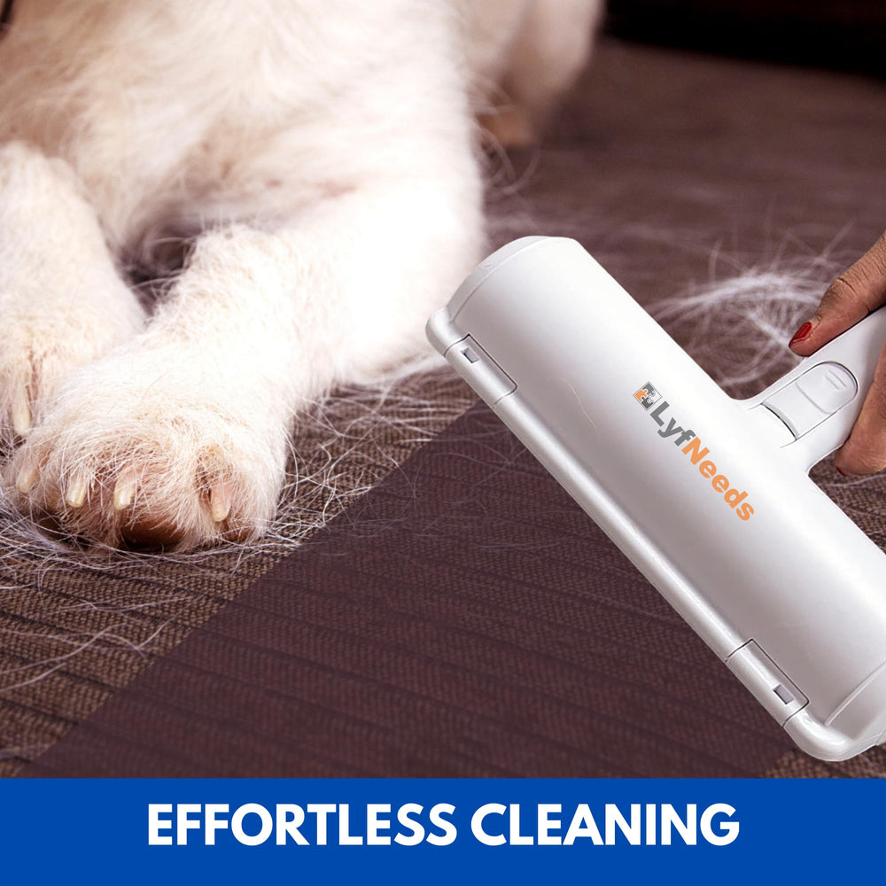 LyfNeeds reusable pet hair remover roller on couch delivering easy fur pickup.