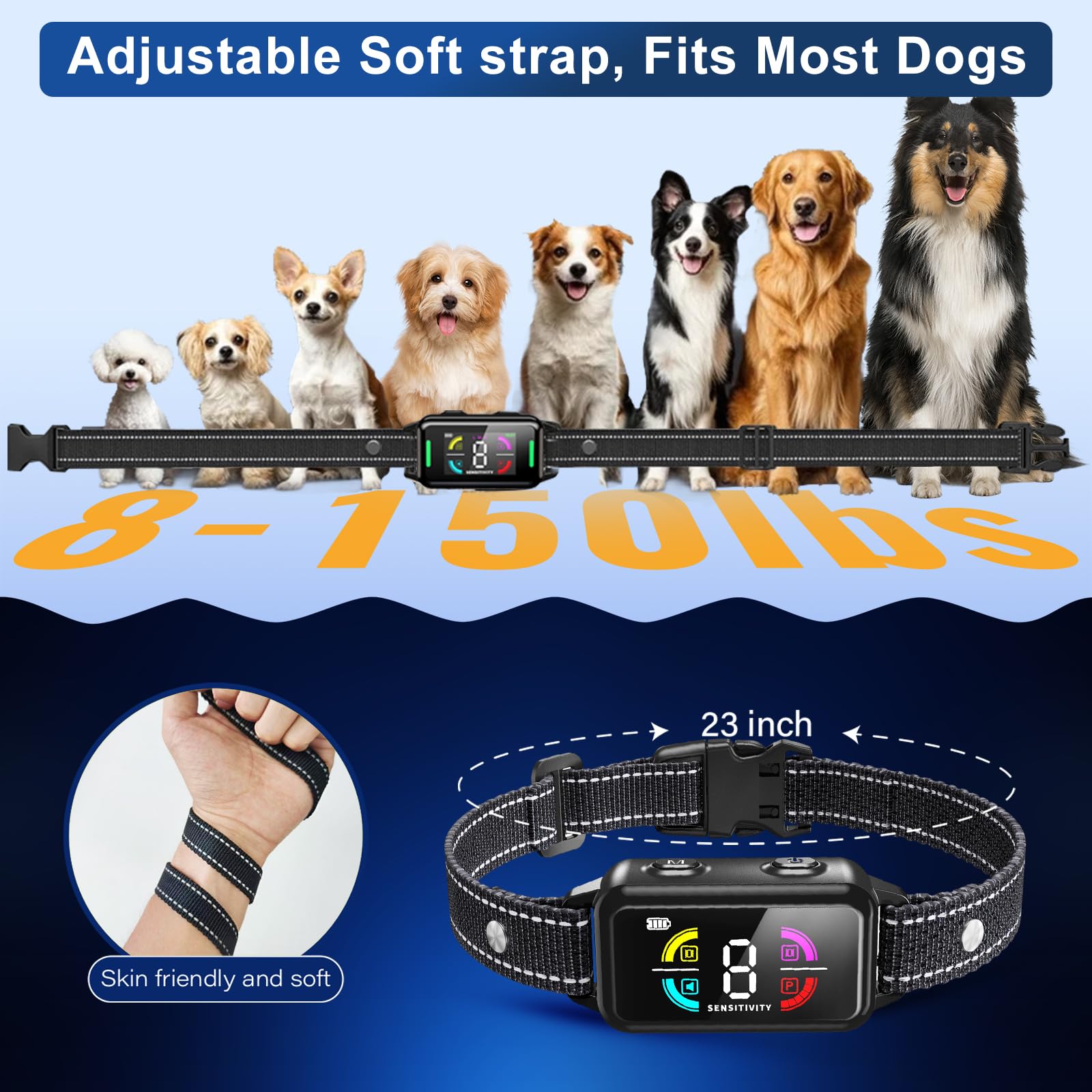 Lykani neck-size-range 8-26-inch collar demonstrated for versatile dogs.