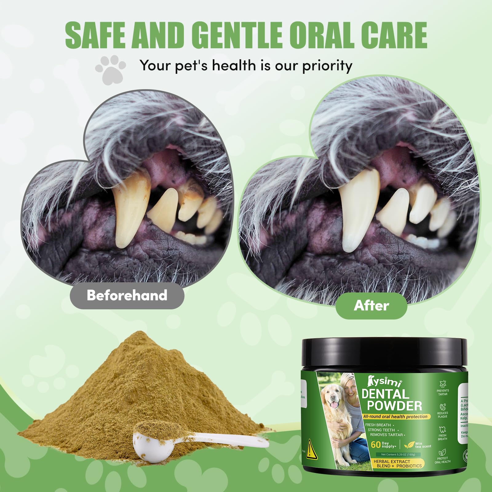 Lysimi dog dental powder mixed into dog meals illustrates effortless dosing and palatability.