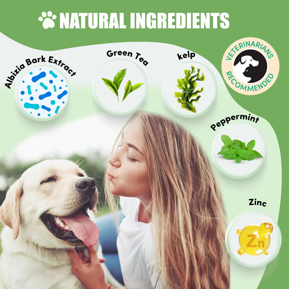 Lysimi dog dental powder packaging closeup highlights probiotic formula and natural herbal blend.