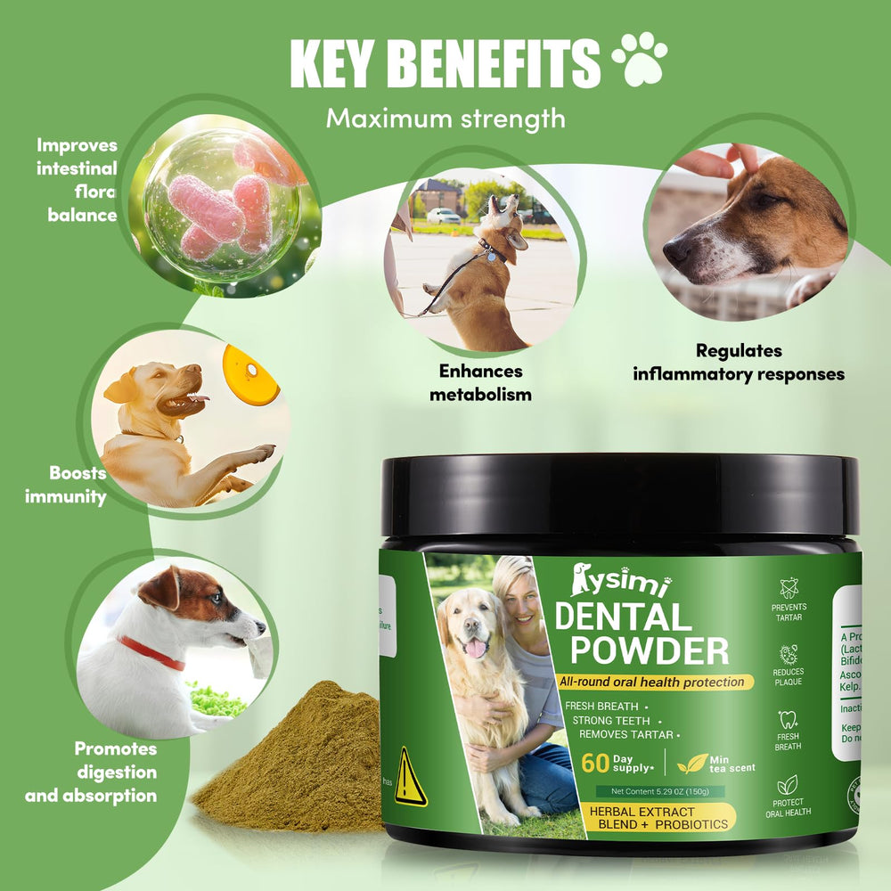 Lysimi dog dental powder scoop dispense demonstrates easy daily dosing.