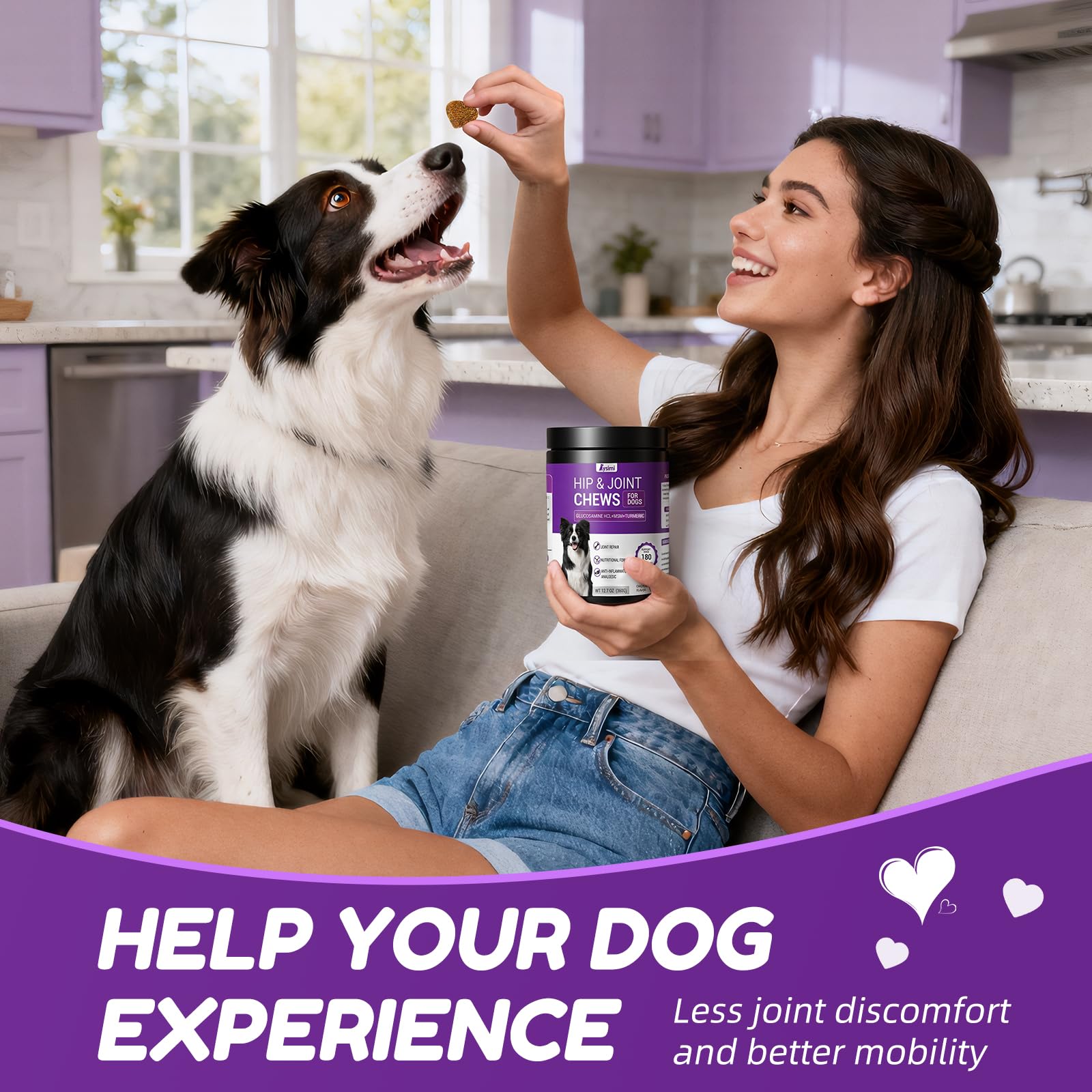 Lysimi dog hip support chews on floor signaling improved comfort after feeding.
