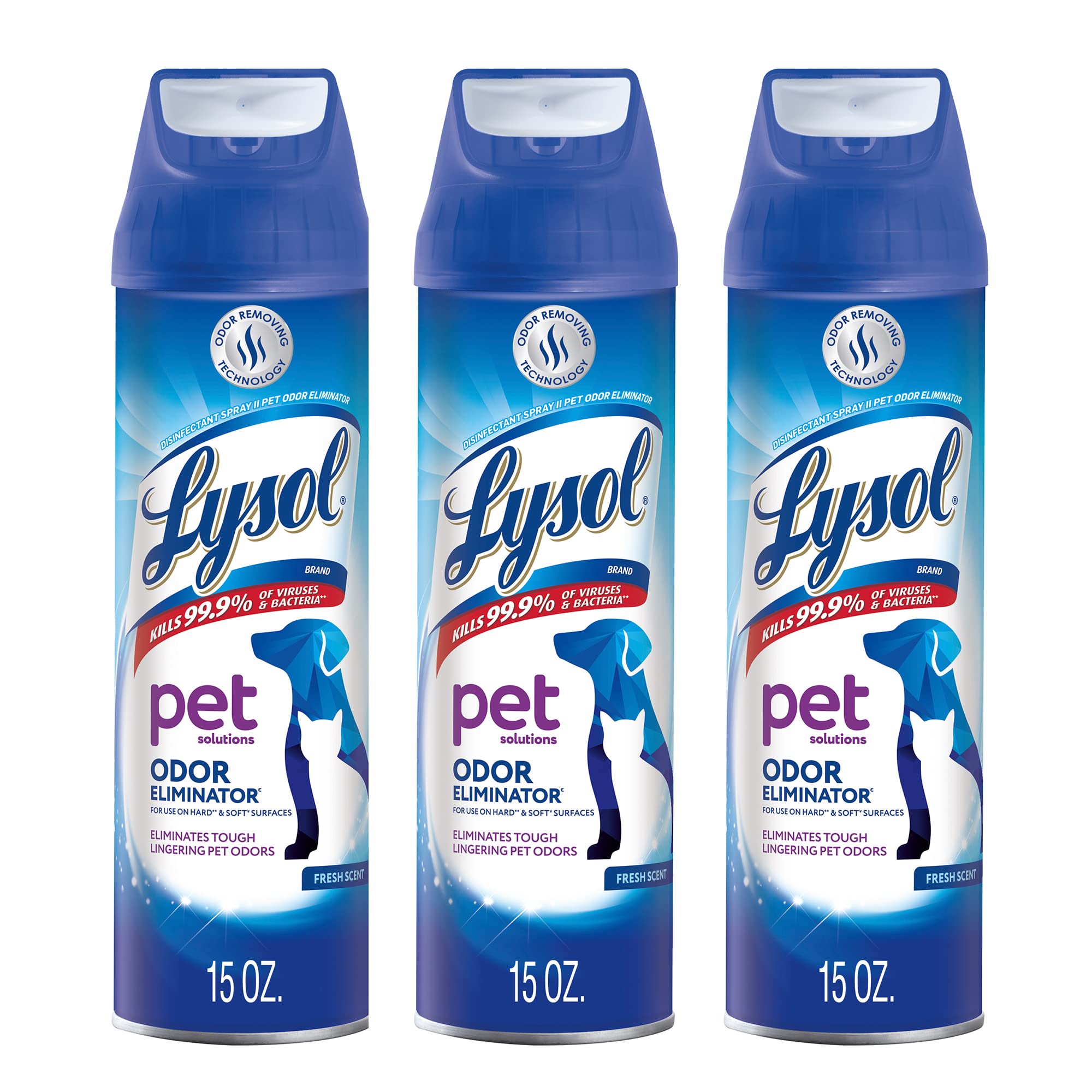 Lysol Pet Odor Eliminator Spray bottle front deodorizes pet spaces.