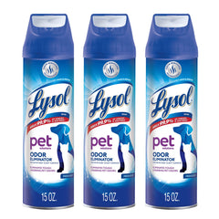 Lysol Pet Odor Eliminator Spray bottle front deodorizes pet spaces.