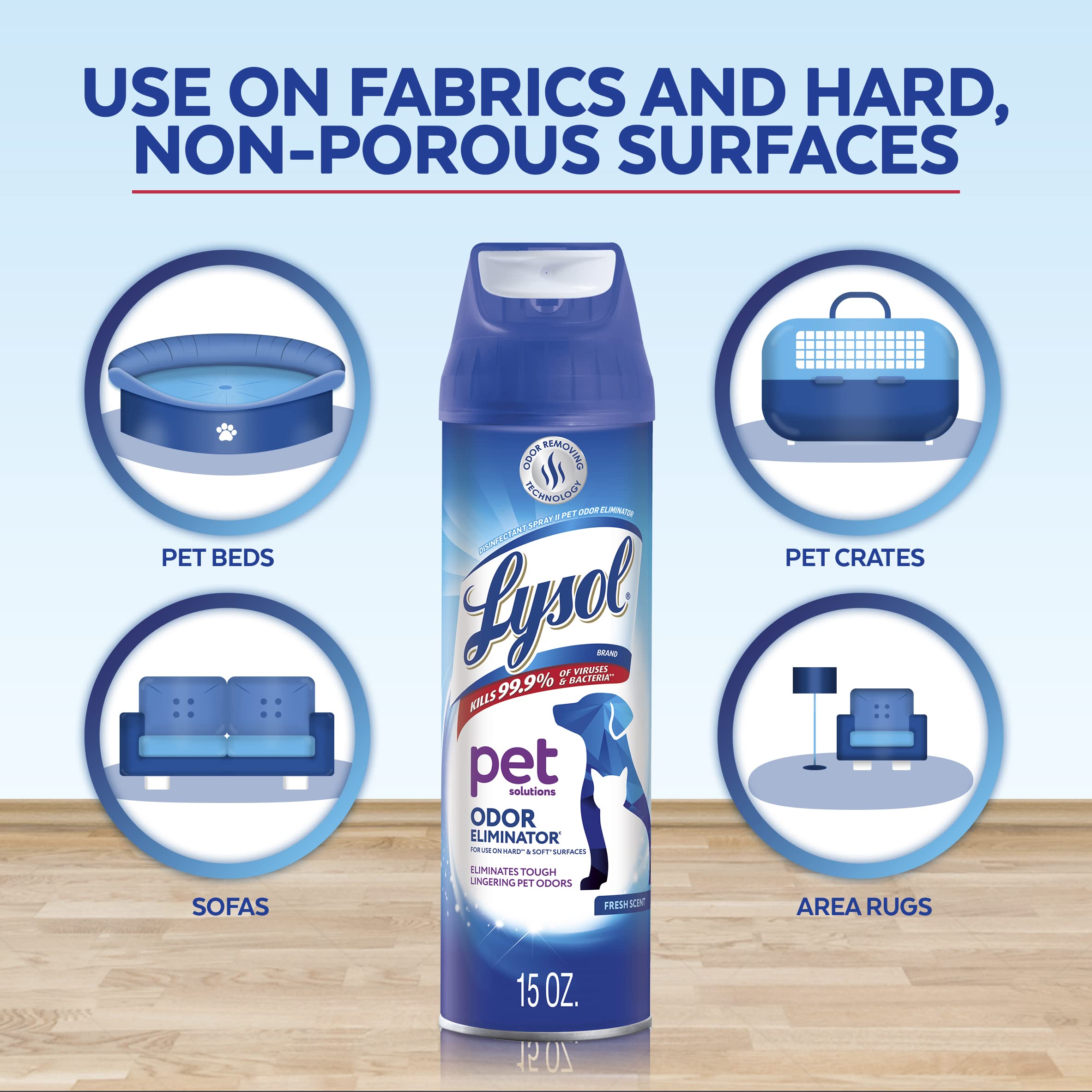 Lysol Pet Odor Eliminator Spray fresh-scent photo communicates odor control.