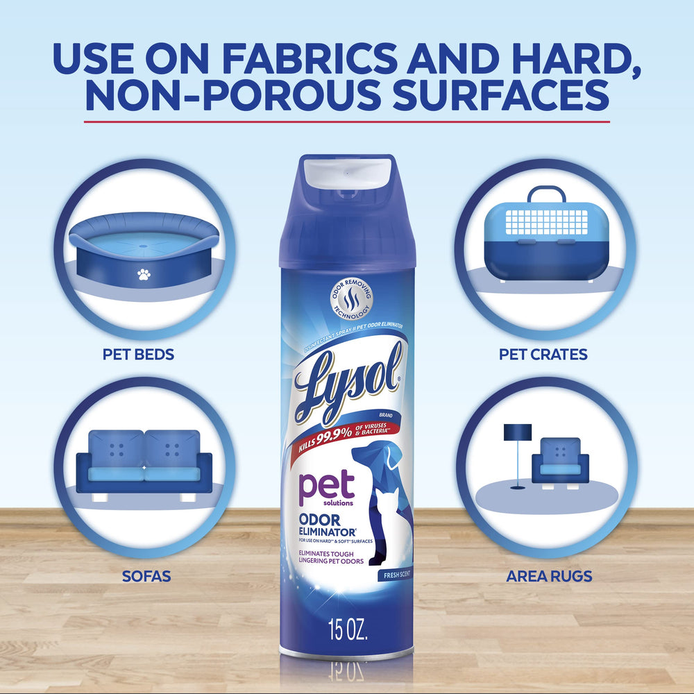 Lysol Pet Odor Eliminator Spray fresh-scent photo communicates odor control.