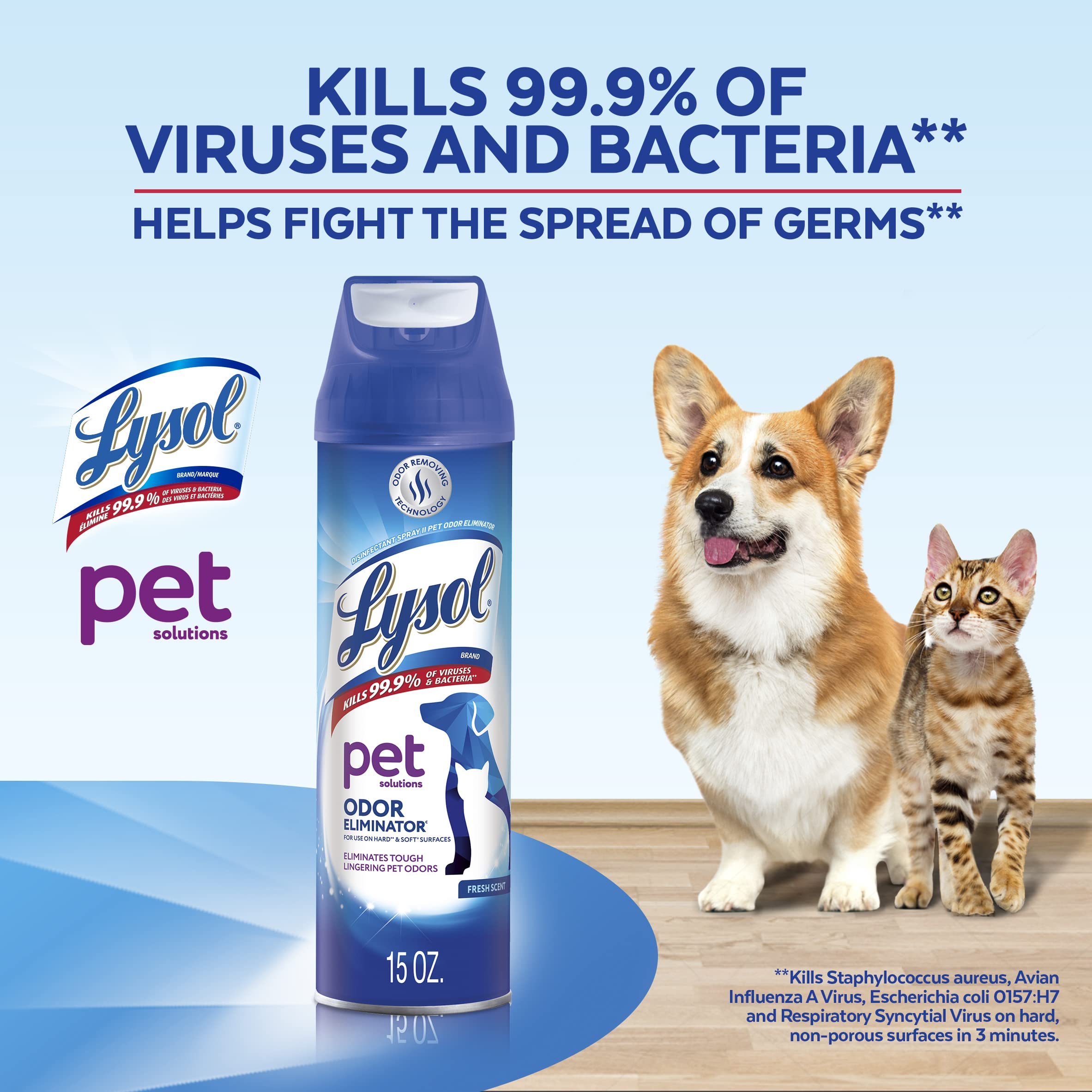 Lysol Pet Odor Eliminator Spray label closeup highlights disinfecting use.