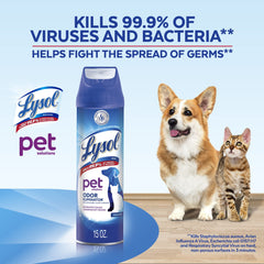 Lysol Pet Odor Eliminator Spray label closeup highlights disinfecting use.