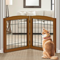 LZRS 2-panel dog gate assembly shows sturdy cherry wood and metal construction for easy setup.
