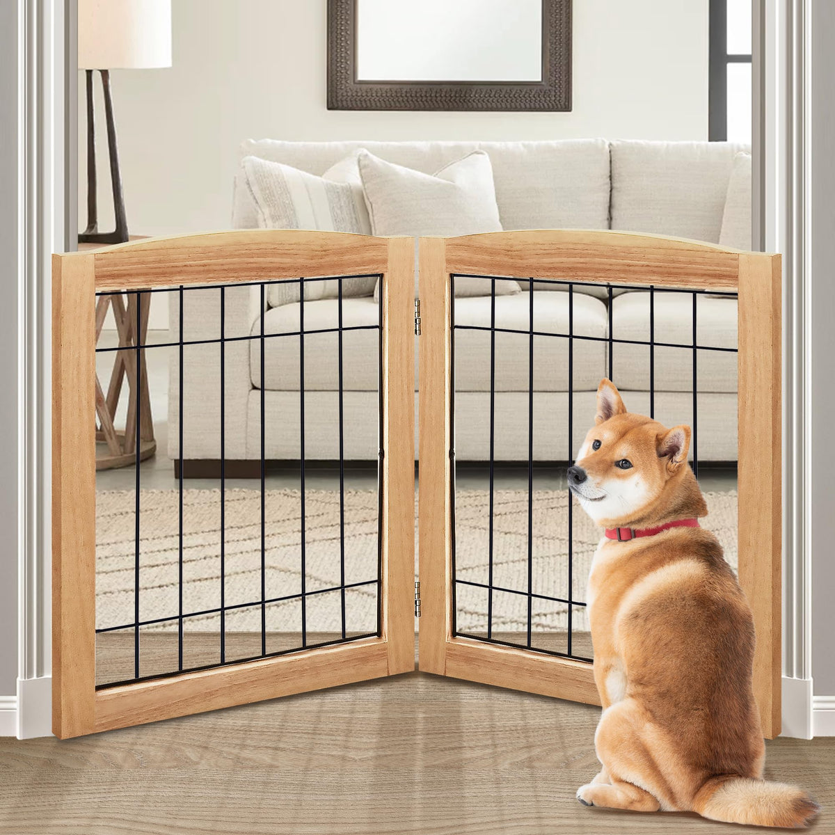 LZRS 2-panel freestanding dog gate in wood for safe indoor containment.