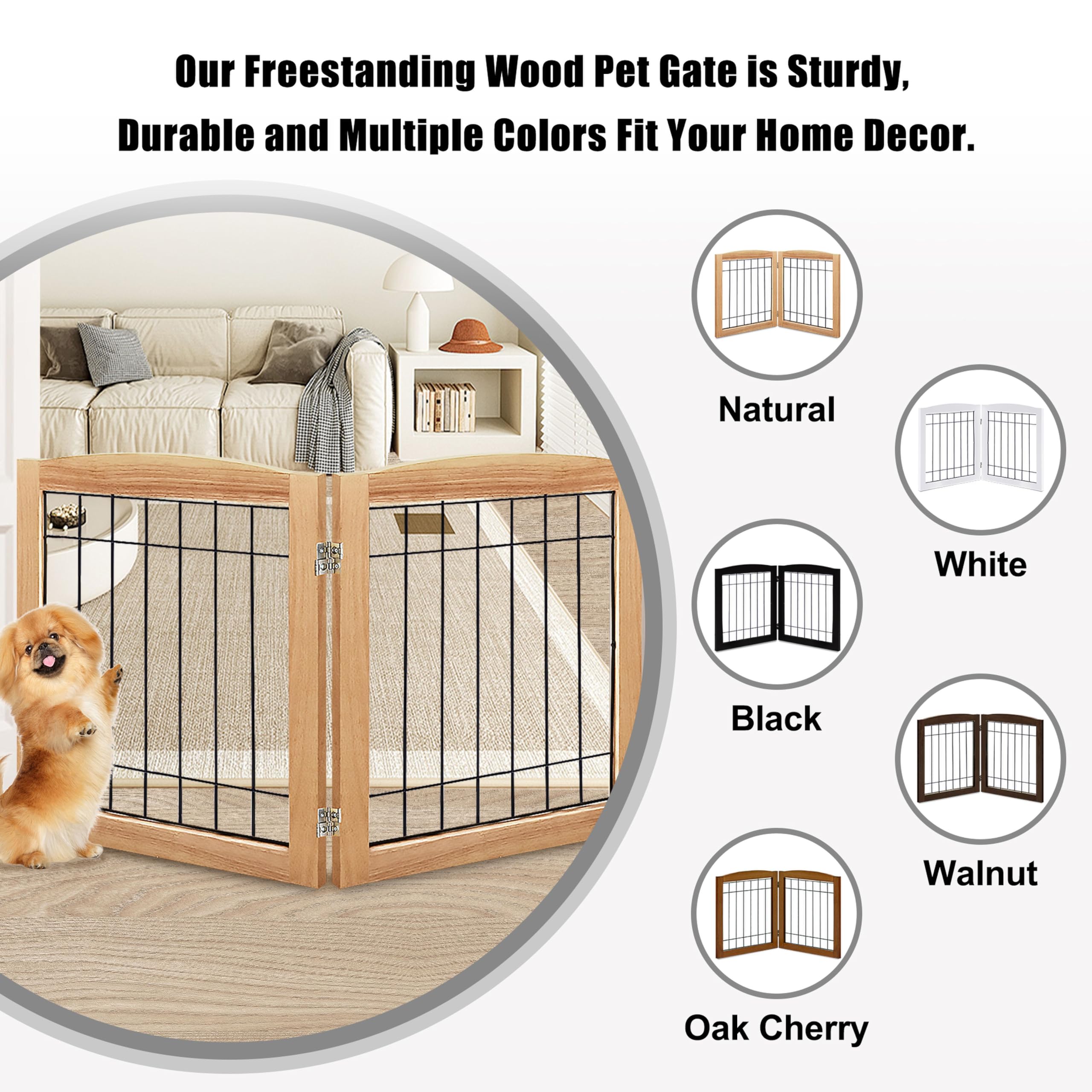 LZRS indoor pet gate in natural wood finish complements home decor.