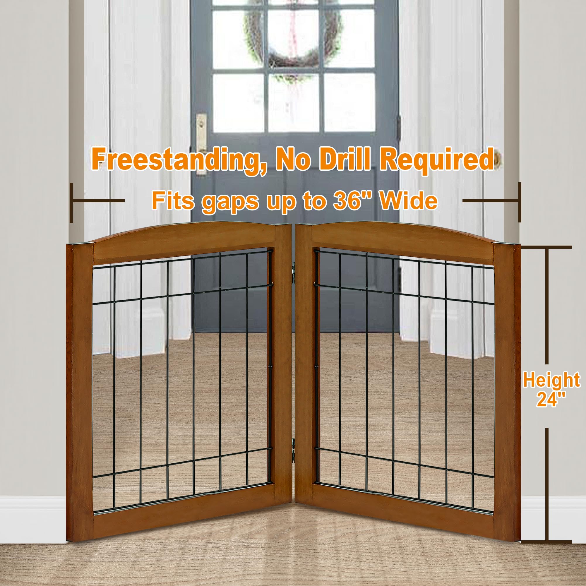 LZRS wood dog gate with metal rods highlights durability and chew-resistance for playful puppies.