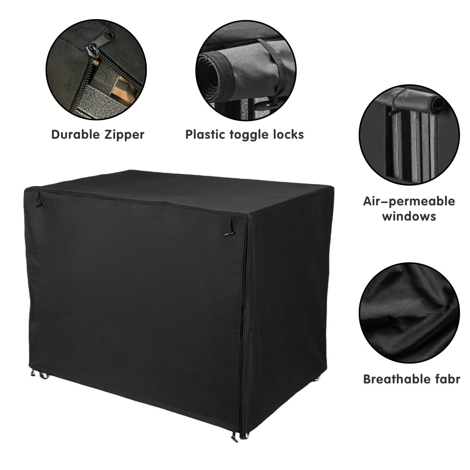 M JJYPET crate cover easy-installation steps with four secure loops.