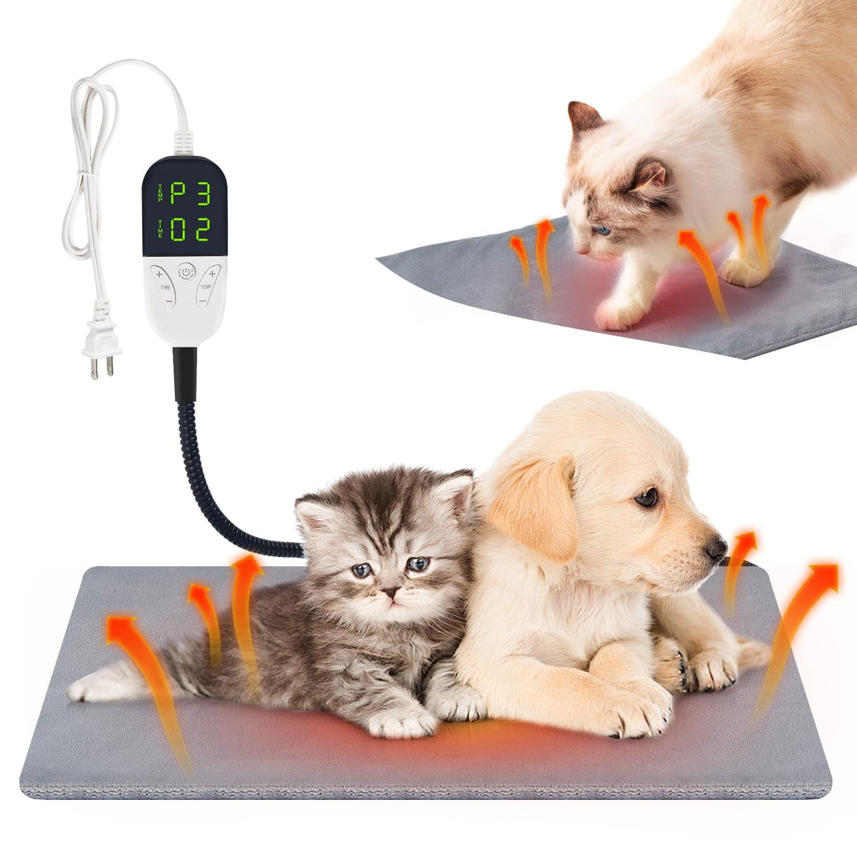 M MIMMU smart cat heating pad on pet showing on-pet warmth for energy efficient comfort
