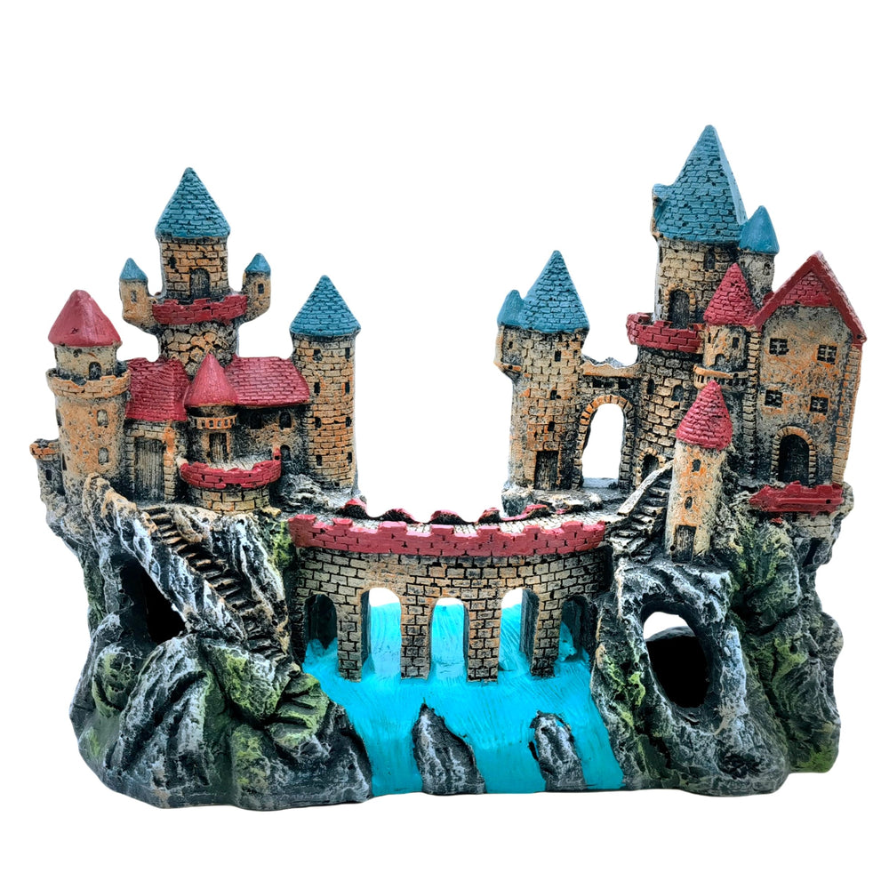 M2cbridge european-castle-aquarium-decor enhances tank scenery while offering a safe retreat for shy fish.