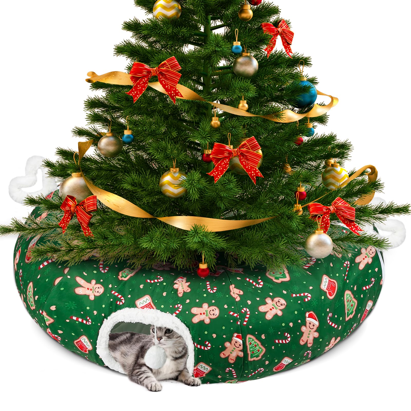 Maansfy cat tunnel bed with Christmas Tree Skirt offers cozy holiday lounging.