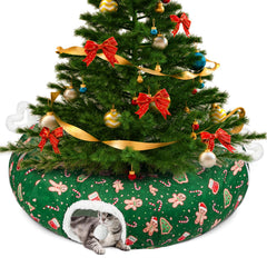 Maansfy cat tunnel bed with Christmas Tree Skirt offers cozy holiday lounging.