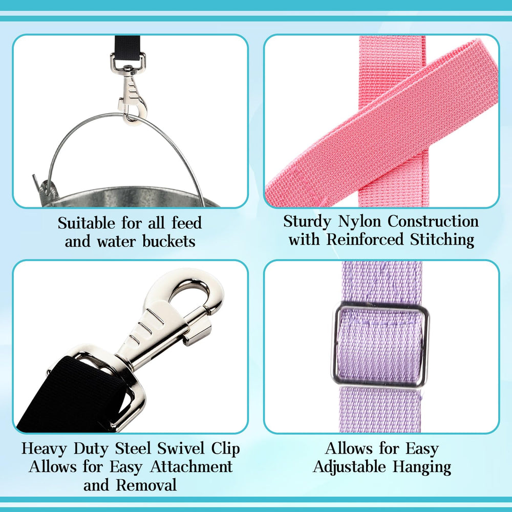 Maasechs swivel clip keeps buckets level and reduces tangling during feeding.