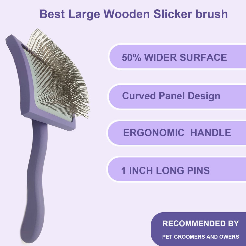 MABCM curved-face slicker reaches dogs' necks and flanks for efficient grooming.