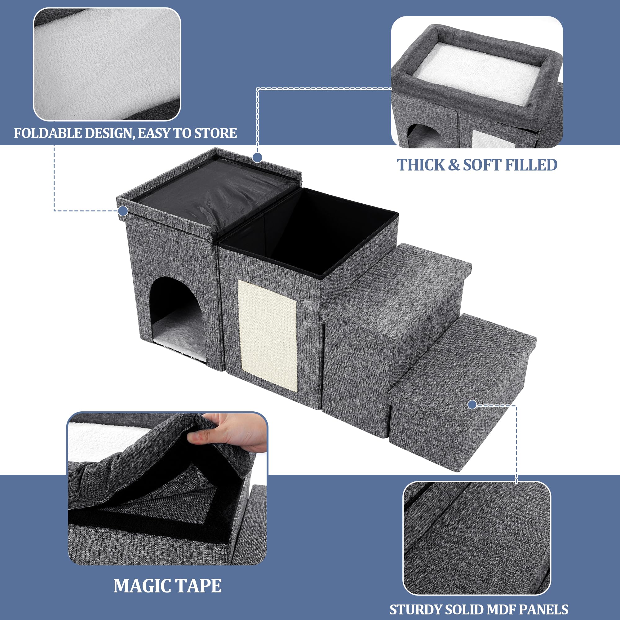 MABOZOO removable-top storage on stairs: easy access to toys and treats.