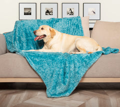 MACEVIA Fluffy Fleece blanket sea blue on sofa protects furniture.