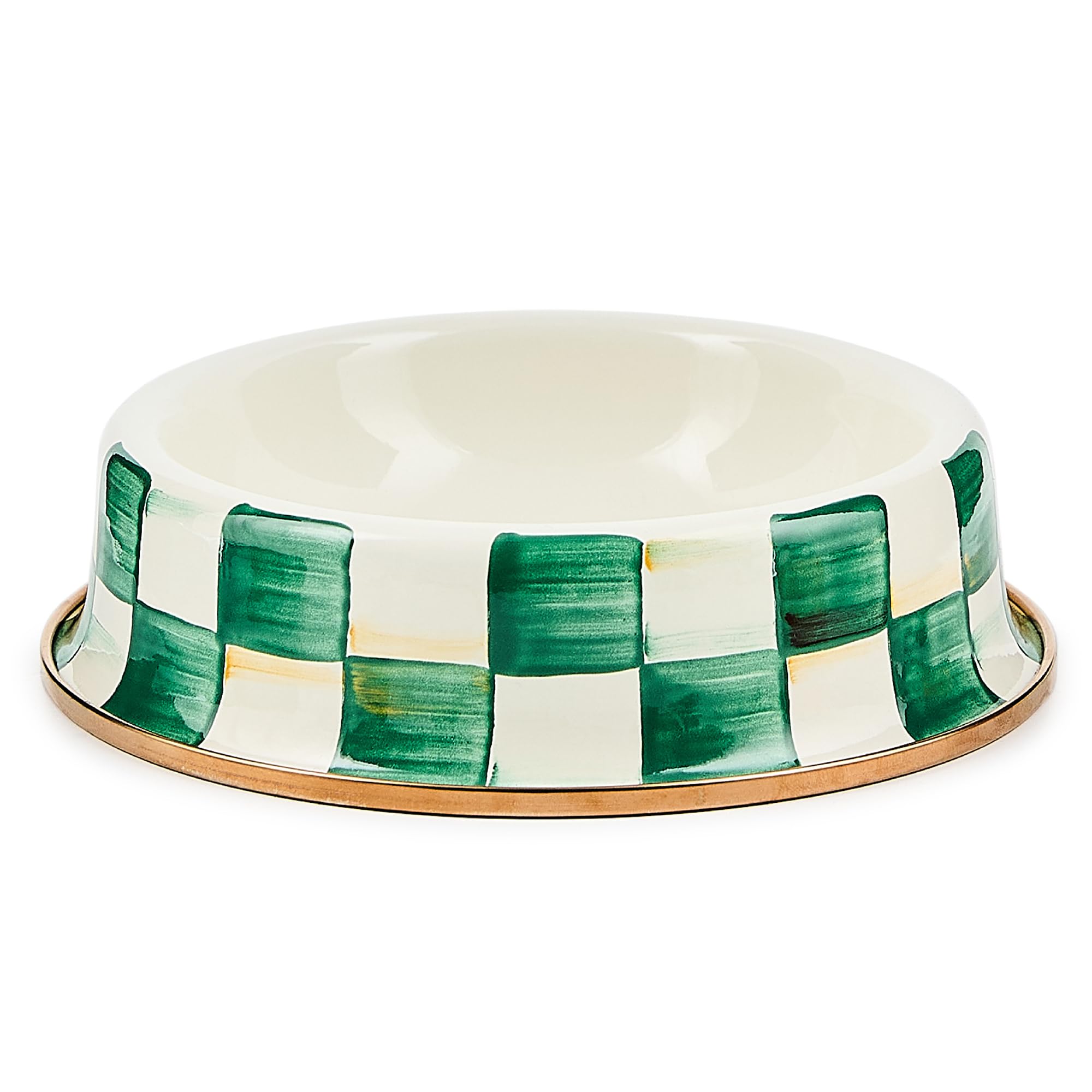 MACKENZIE-CHILDS enamel cat dish front view with emerald check adds stylish dining