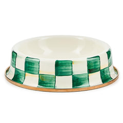 MACKENZIE-CHILDS enamel cat dish front view with emerald check adds stylish dining