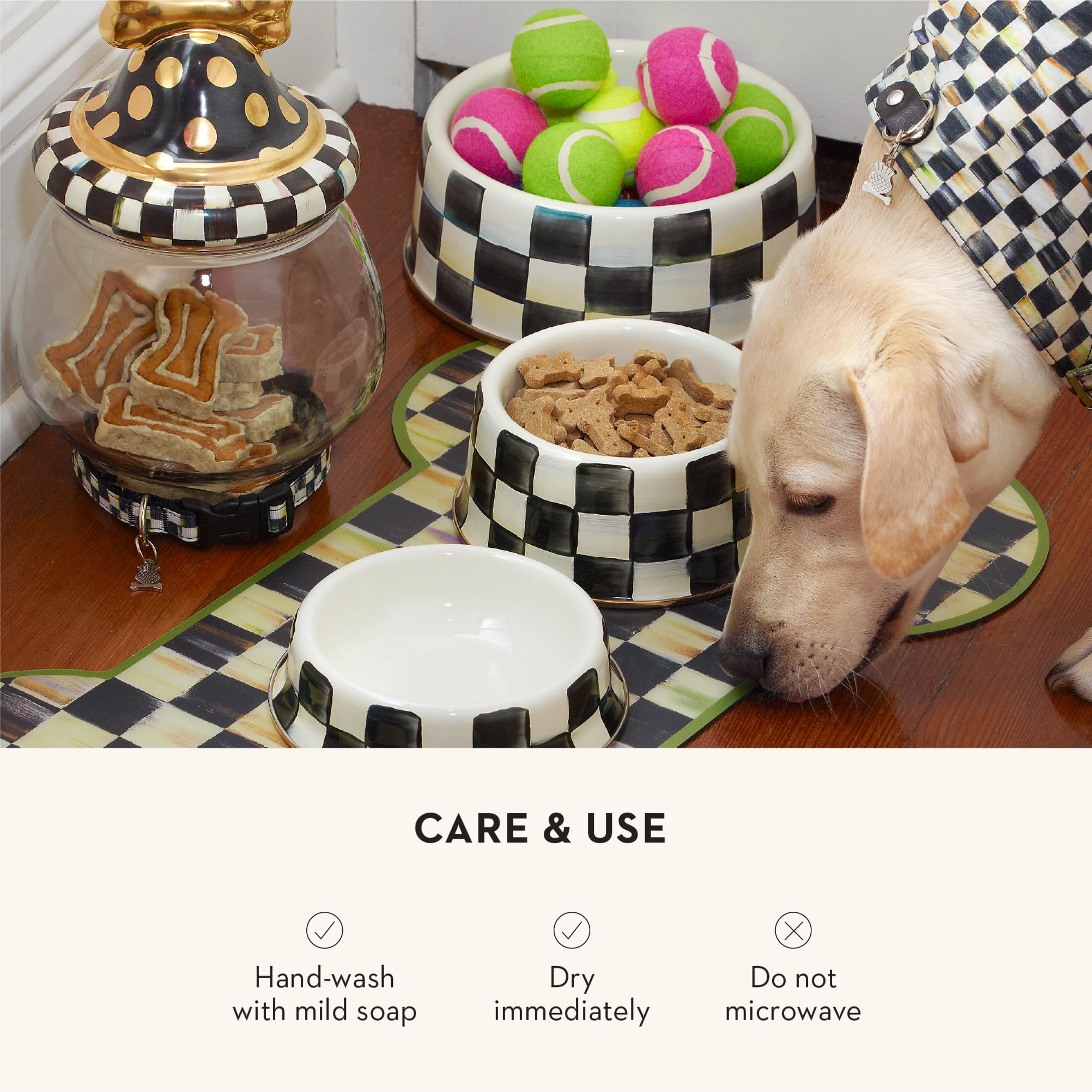 MacKenzie-Childs pet bowl shown with cat or dog use for versatile feeding