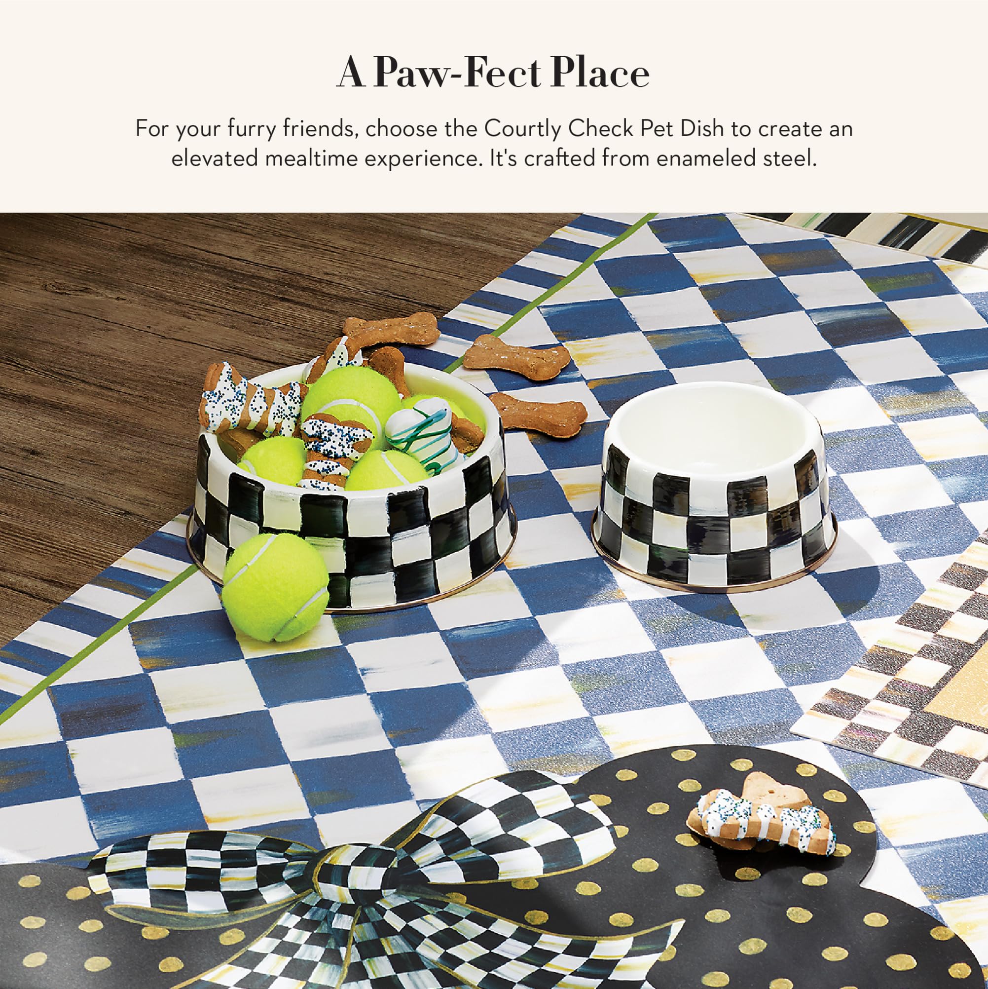 MacKenzie-Childs pet bowl Courtly Check design adds stylish food presentation