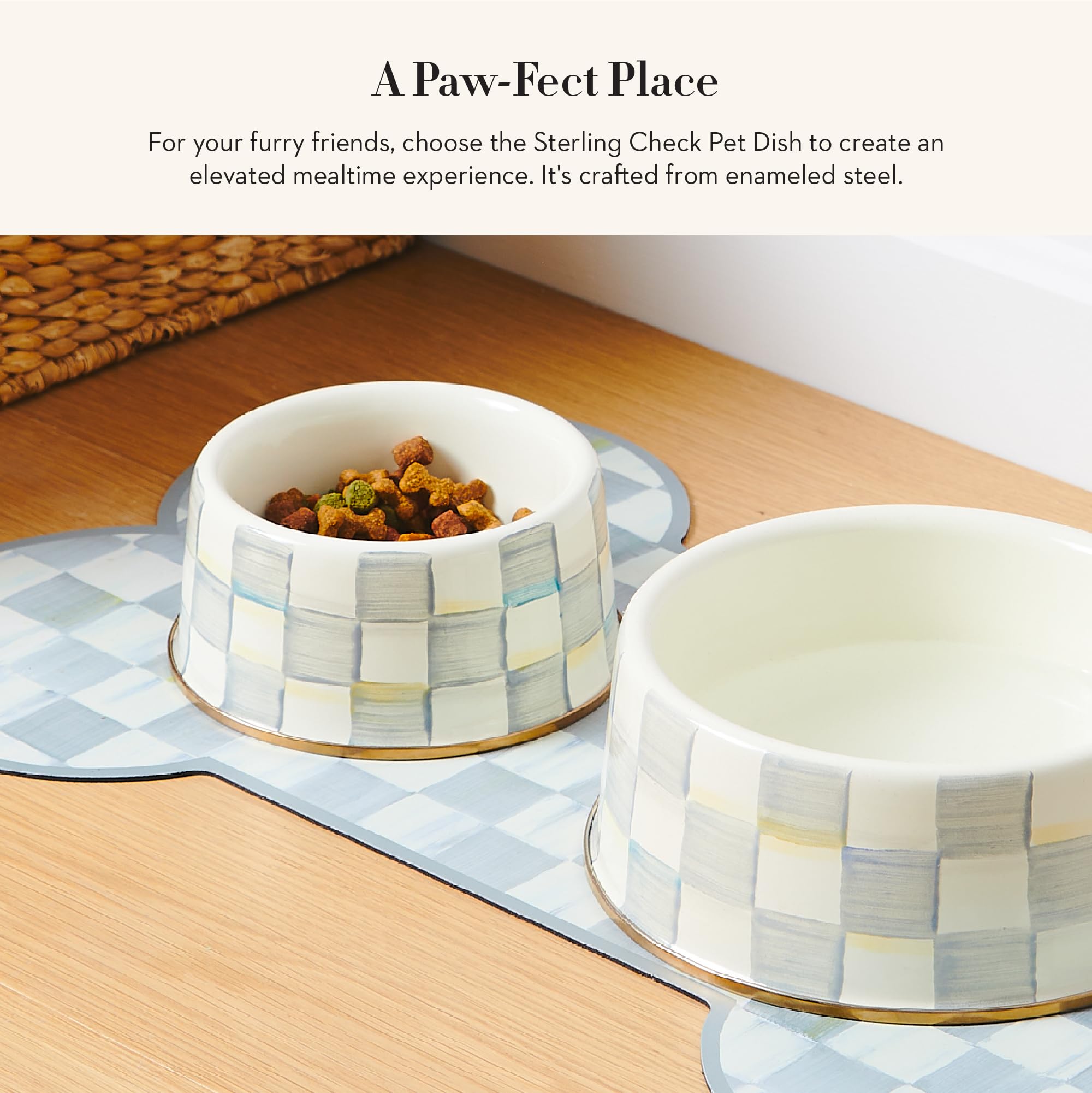 MacKenzie-Childs pet bowl Sterling Check pattern adds stylish mealtime flair