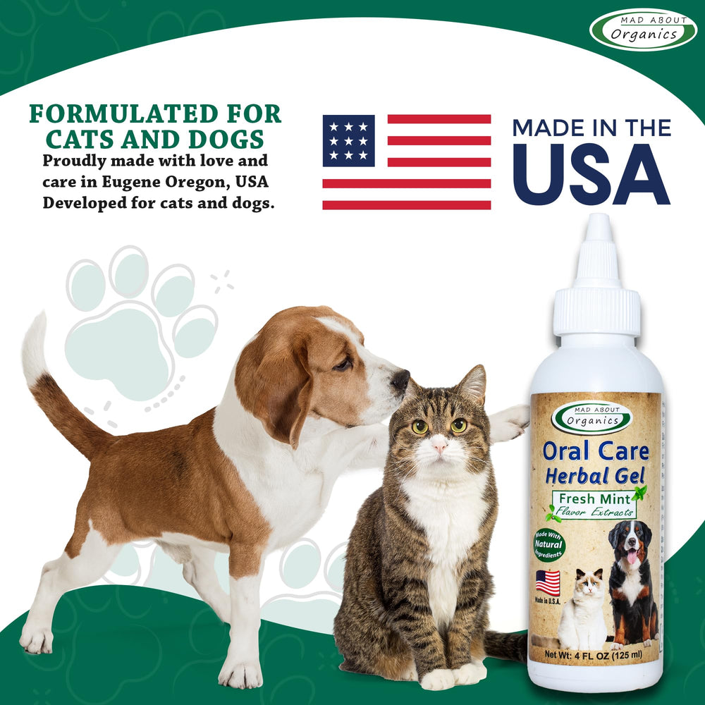 Mad About Organics 4oz bottle-display showcases convenient pet dental care solution