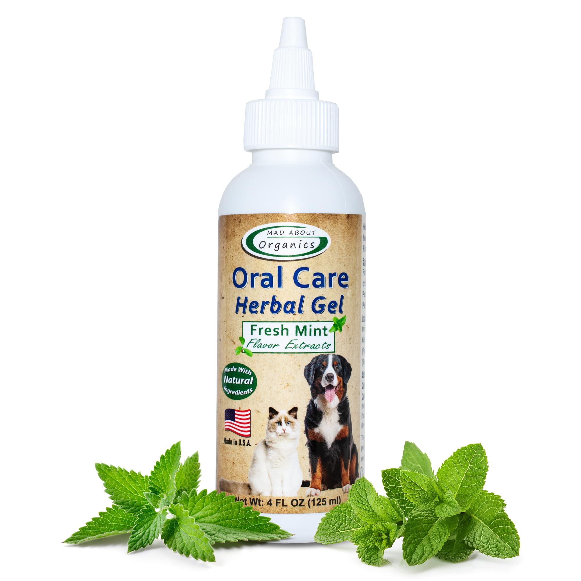 Mad About Organics oral-care gel bottle-application for quick plaque removal in dogs and cats