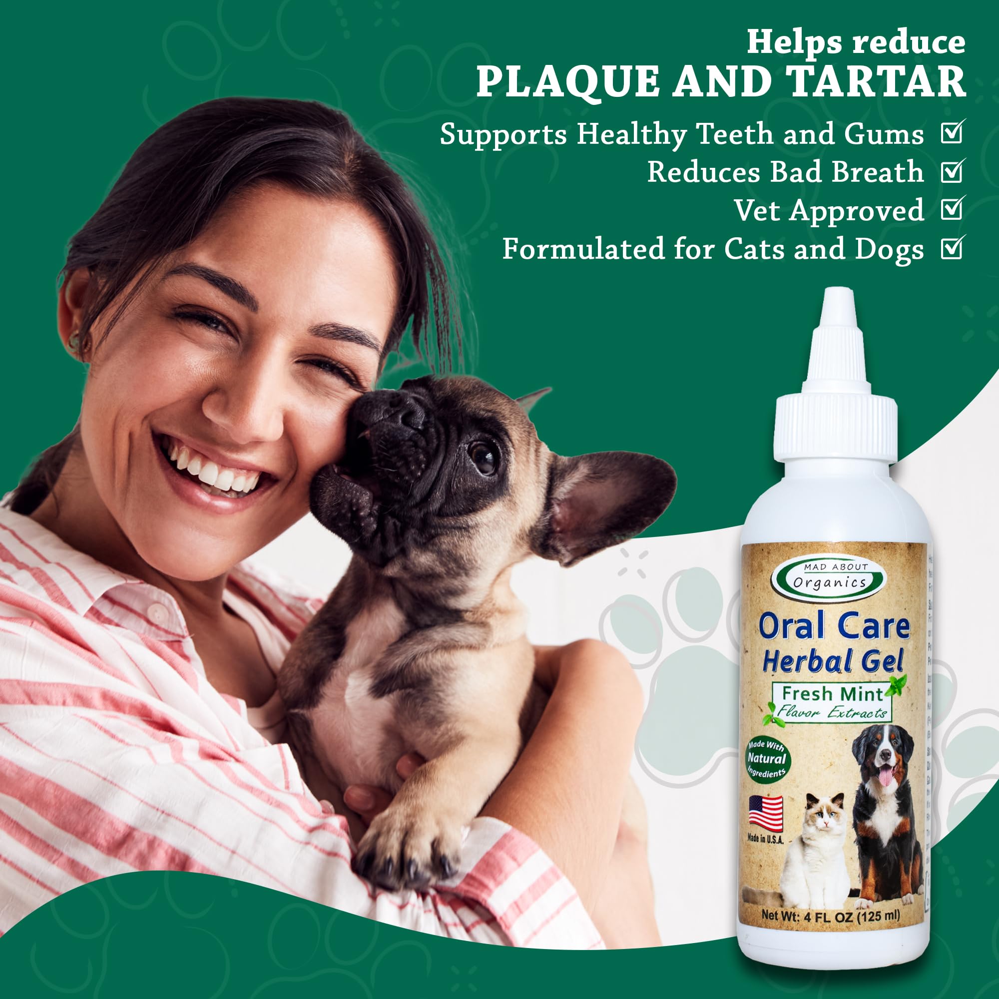 Mad About Organics oral-care gel calming-application helps keep pets relaxed during dental care