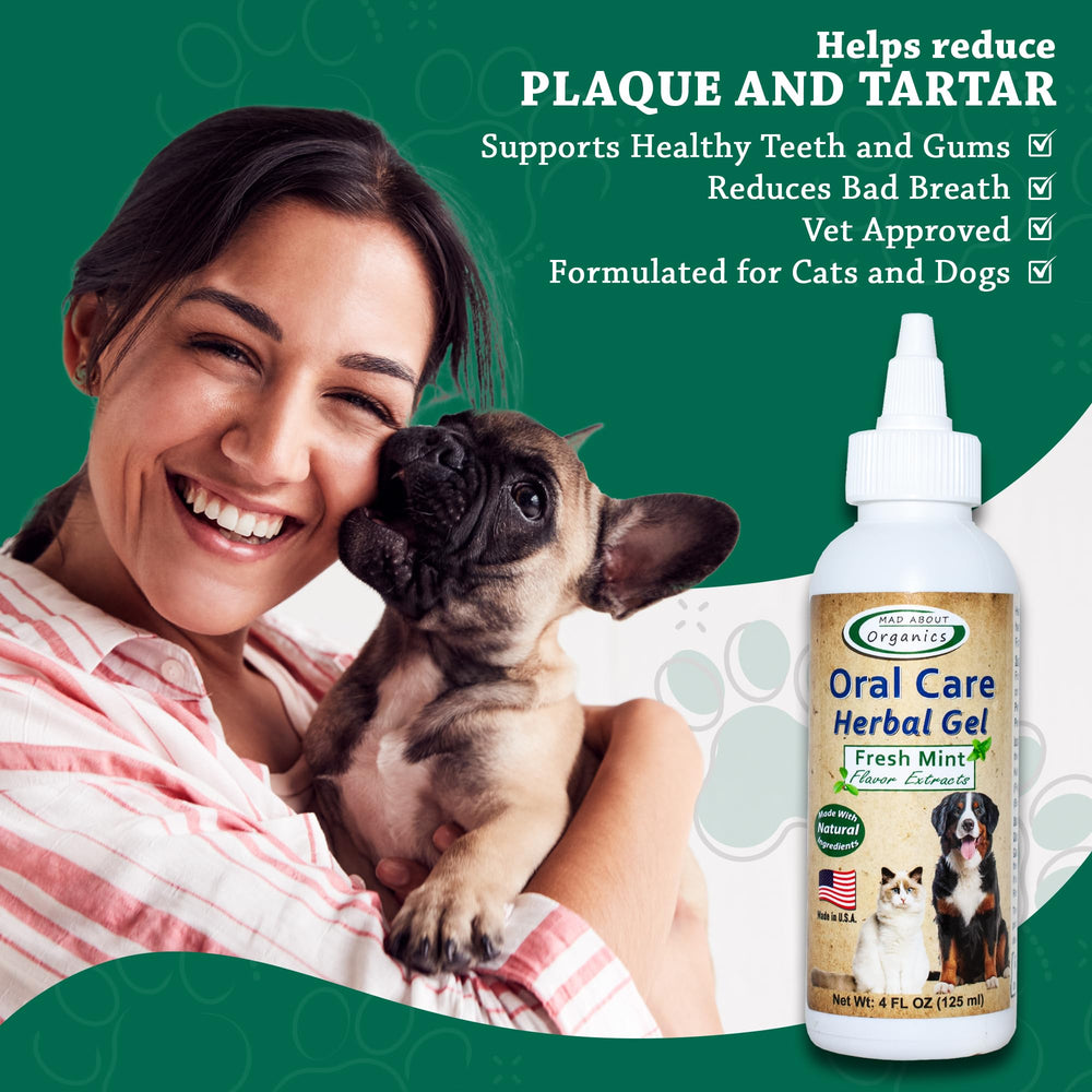 Mad About Organics oral-care gel calming-application helps keep pets relaxed during dental care