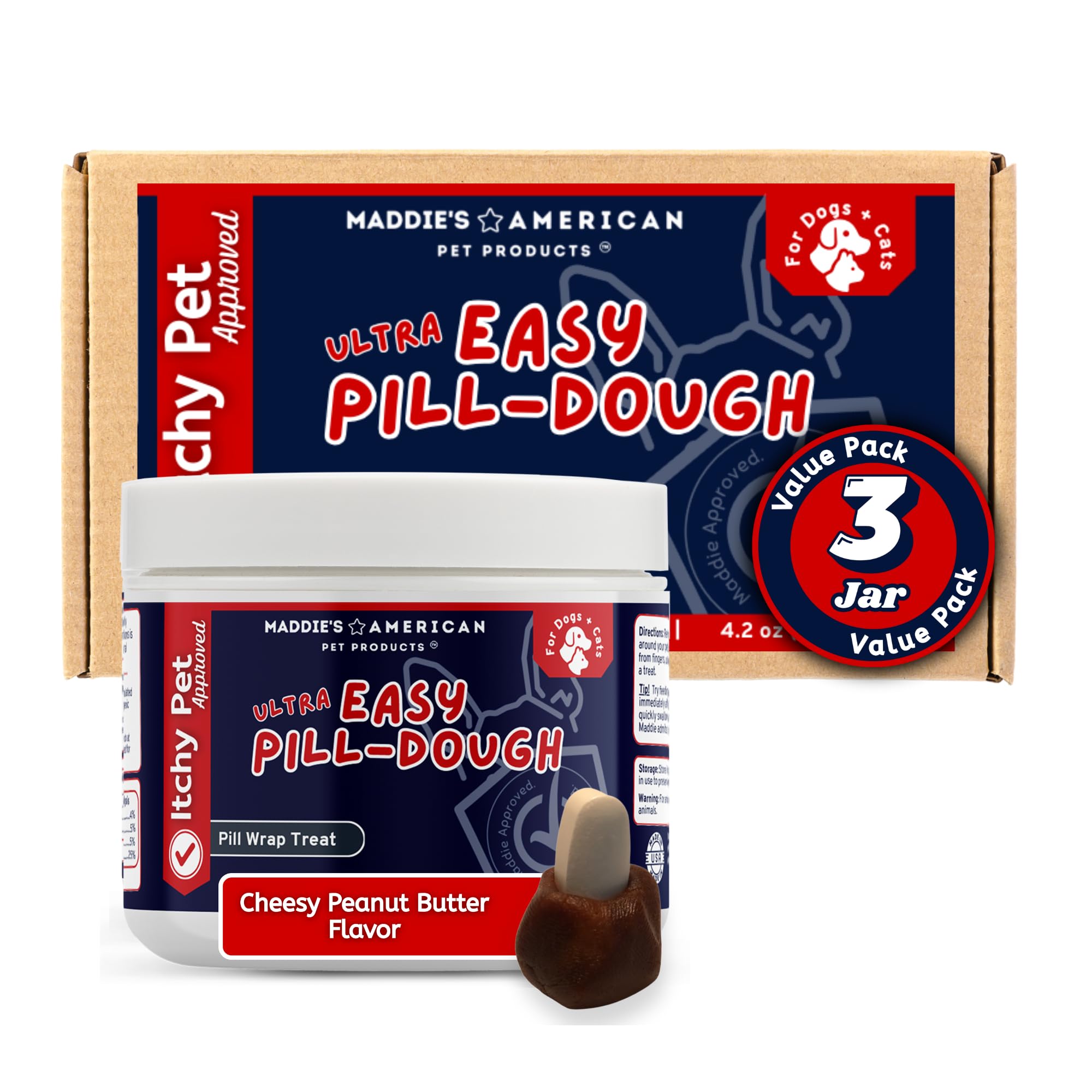Maddie's American Pet Products Easy Pill Ultra jar close-up shows soft paste texture for concealing pills