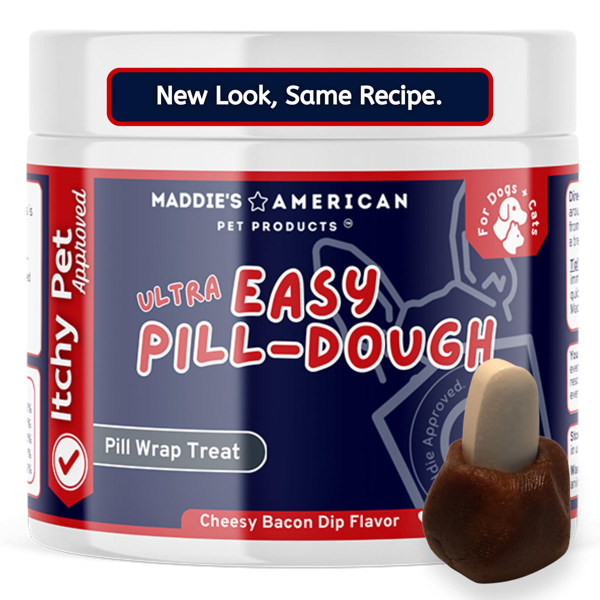 Maddie’s Easy Pill Wrap jar closeup highlights savory formula for easier pill administration.