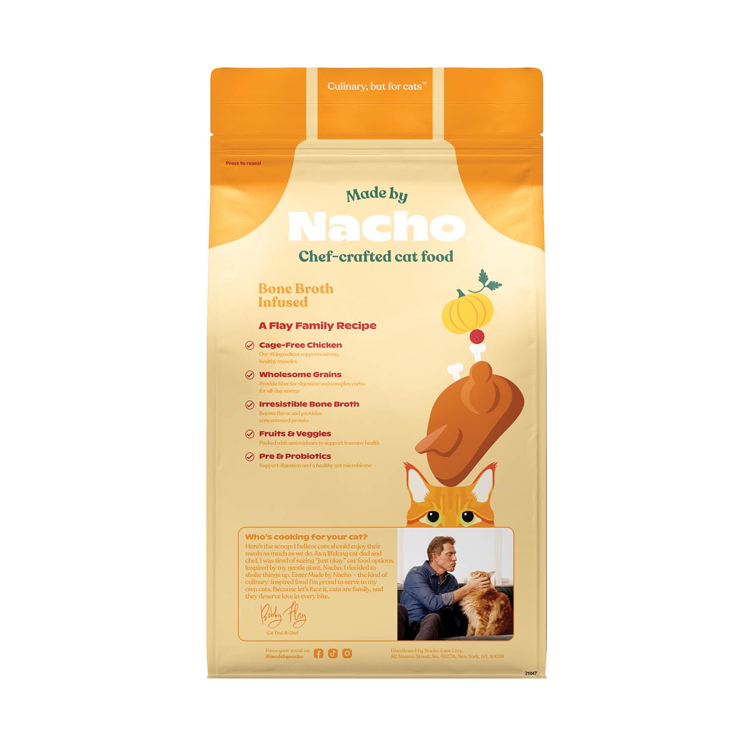 Made by Nacho cat kibble being offered to a picky eater highlights palatable texture.