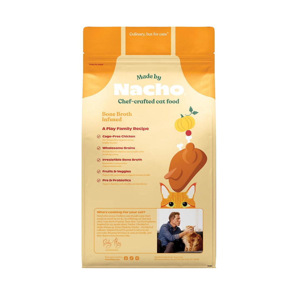 Made by Nacho cat kibble being offered to a picky eater highlights palatable texture.