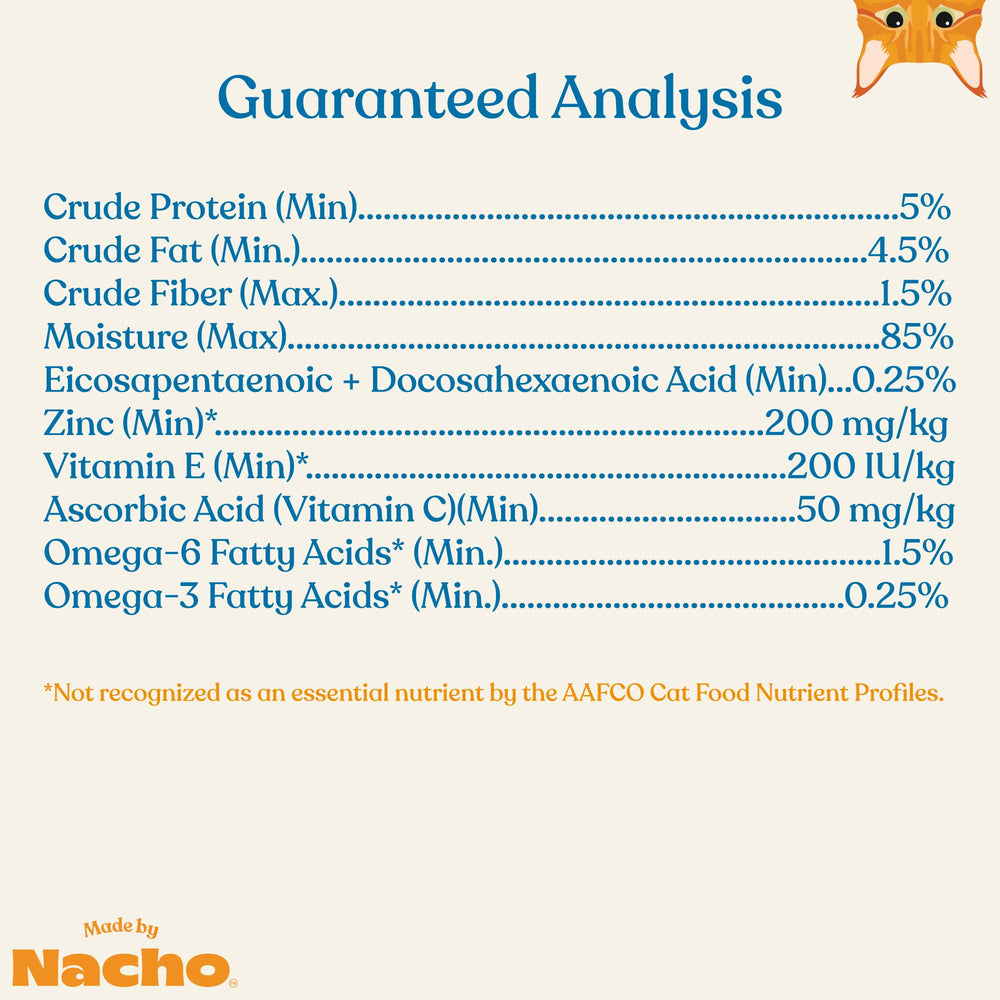 Made by Nacho Immune Support puree label closeup, featuring zinc, vitamins, and prebiotics.