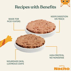 Made by Nacho pate wet cat food can-chicken-herring detail emphasizes protein-rich recipe.