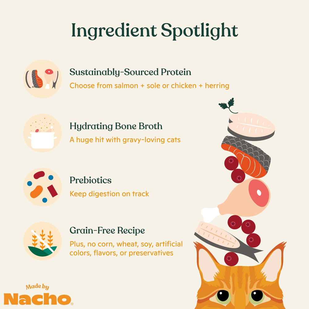 Made by Nacho three-ounce can display communicates grain-free formula.