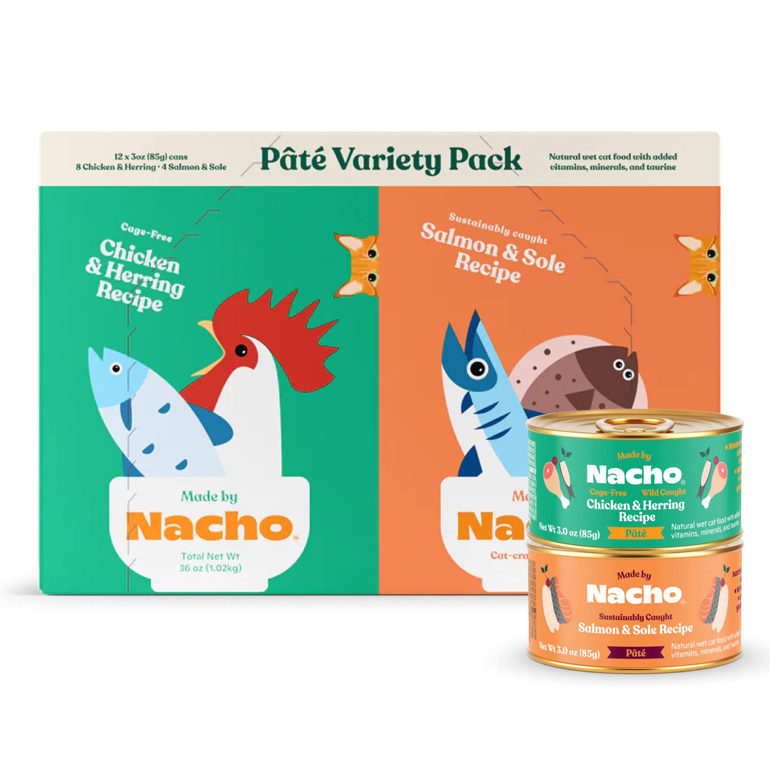 Made by Nacho pate wet cat food variety pack closeup shows grain-free texture for picky eaters.