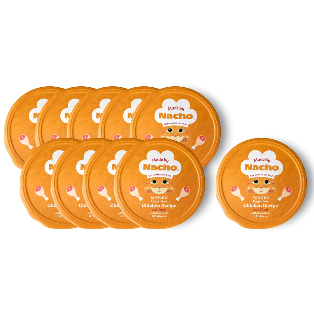 Made by Nacho wet cat food cups packaging highlights convenient, protein-rich meals for cats.