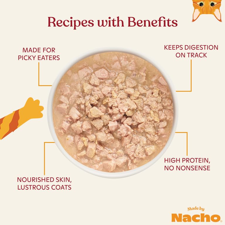 Made by Nacho wet cat food minced chicken closeup emphasizes tender texture in bone broth.