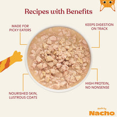 Made by Nacho wet cat food minced chicken closeup emphasizes tender texture in bone broth.